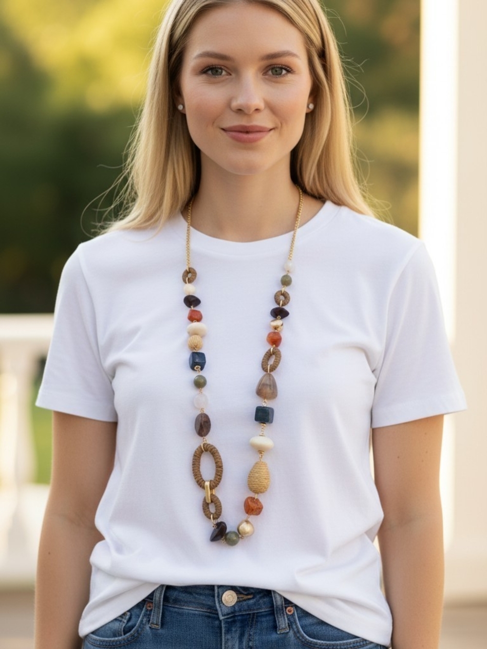 Ashley Cooper Multicolor Long Beaded Necklace with Natural Tones